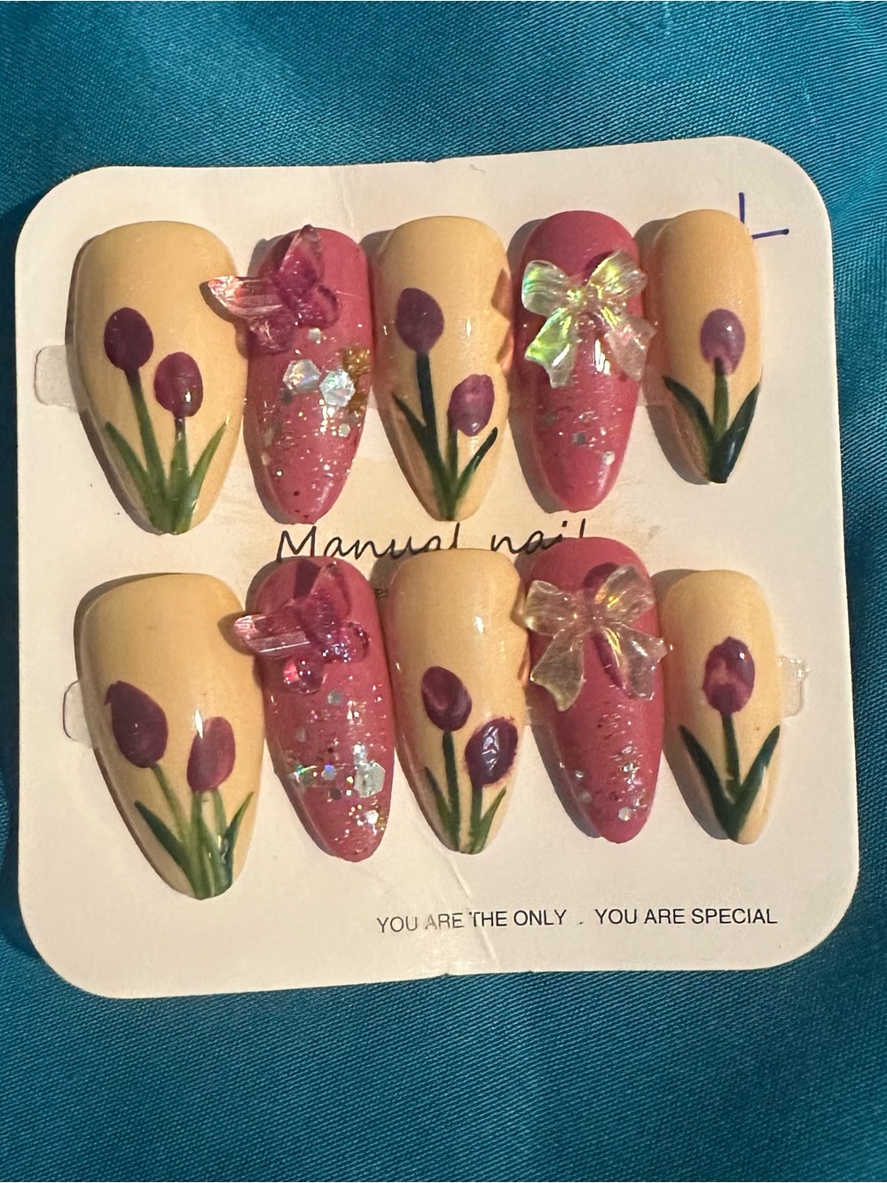 Handcrafted Pink & Pale Yellow Floral Press-On Nail Set with 3D Bows